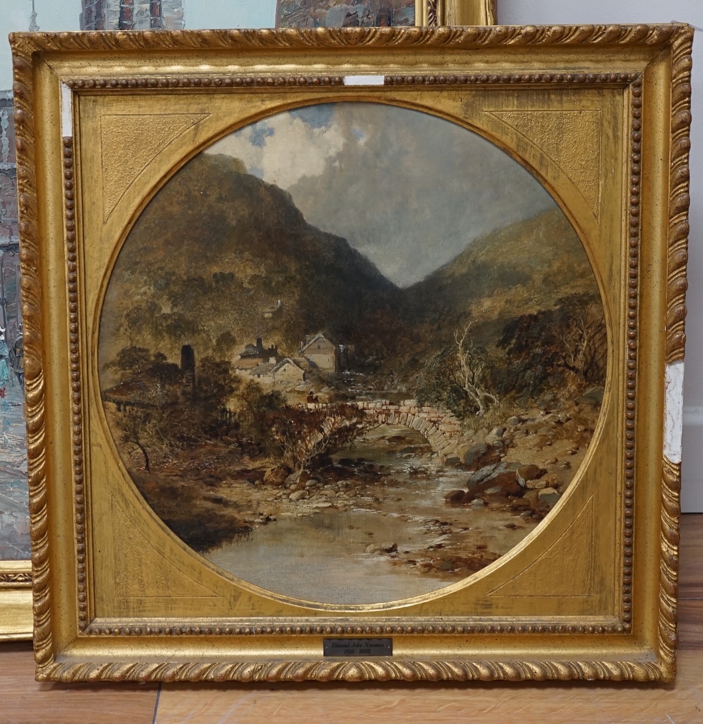 Edmund John Niemann (1813-1876), oil on canvas, tondo, Trefriw, near Llanwrist, North Wales, diameter 37cm, applied plaque to the gilt frame. Condition - fair, some losses to the frame